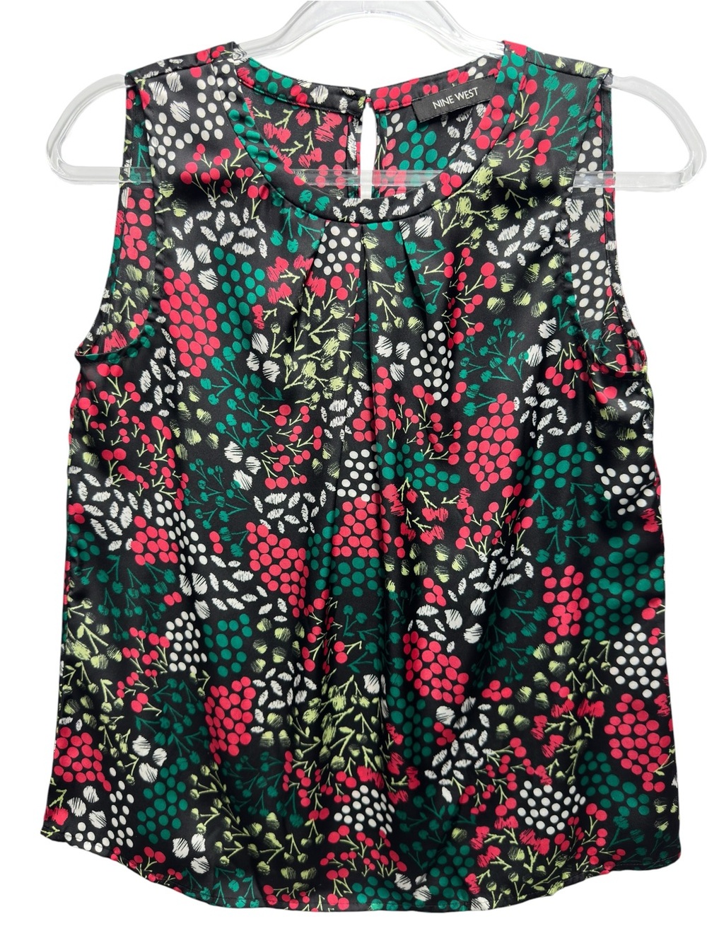 Tuxedo Satin Knit Cherry Vines Floral Polka Dot Pleated Blouse Tank Top